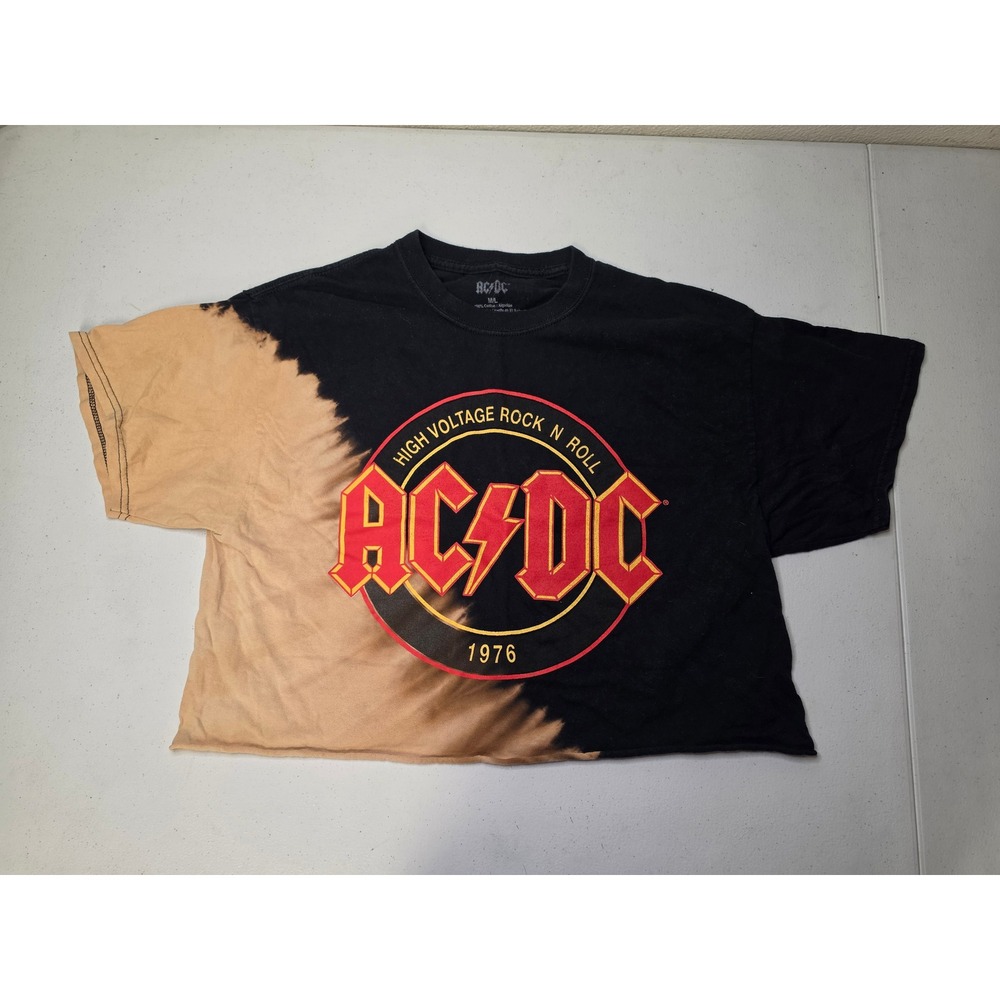 ACDC High Voltage Rock N Roll 1976 Bleach Tie Dye Cropped Graphic T-Shirt M